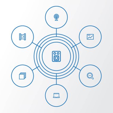 Medya Icons Set anahat. Grafik, hoparlör, dizüstü bilgisayar ve diğer öğeleri koleksiyonu. Ayrıca yayın, dışarı, amplifikatör gibi simgeler içerir.