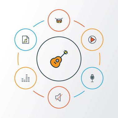 Multimedya renkli anahat simgelerini belirlemek. Liste, oyun, mikser ve diğer öğeleri koleksiyonu. Ayrıca başlangıç, oyun, film müziği gibi simgeler içerir.