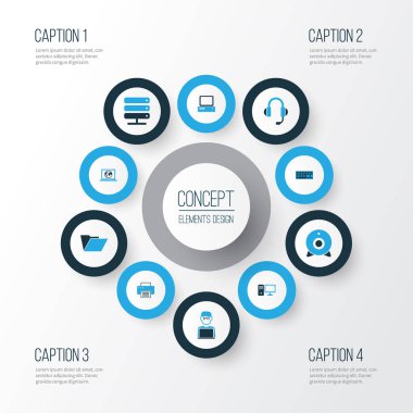 Donanım renkli simgeler kümesi. Baskı, kulaklık, kamera ve diğer öğeleri koleksiyonu. Ayrıca veritabanı, cihaz, kamera gibi simgeler içerir.