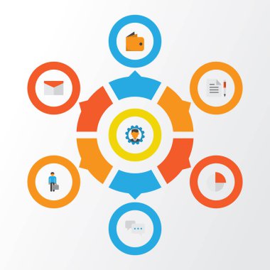 İş düz simgeler kümesi. İş adamı, geliştirici, pasta Bar ve diğer öğeleri koleksiyonu. Ayrıca dişli, adam, sayfa gibi simgeler içerir.