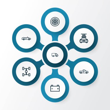 Otomobil anahat simgelerini belirlemek. Tekerlek, yıkama, Cabrio modeli ve diğer öğeleri koleksiyonu. Ayrıca Gig, akümülatör, pil gibi simgeler içerir.