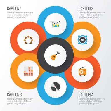 Multimedya düz simgeler kümesi. Kontrol, grup, ritim öğeleri koleksiyonu. Ayrıca ritim, müzikal, frekans gibi simgeler içerir.