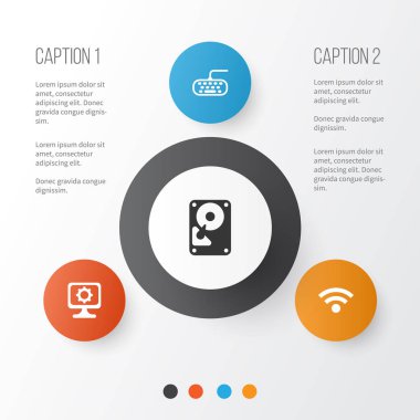 Bilgisayar simgeleri ayarlayın. Pc, kablosuz, bilgisayar tuş takımı ve diğer öğeleri koleksiyonu. Ayrıca tuş takımı, klavye, depolama gibi simgeler içerir.