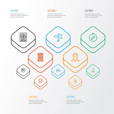 Keşif anahat simgelerini belirlemek. Dünya, oklar, bavul ve diğer öğeleri koleksiyonu. Ayrıca bavul, Diploma, Motel gibi simgeler içerir.