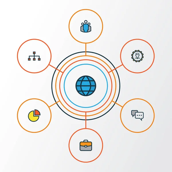 Ticaret renkli anahat simgeler kümesi. Takım, dünya, ağ ve diğer öğeleri koleksiyonu. Ayrıca Planet, diyagram, grup gibi simgeler içerir.