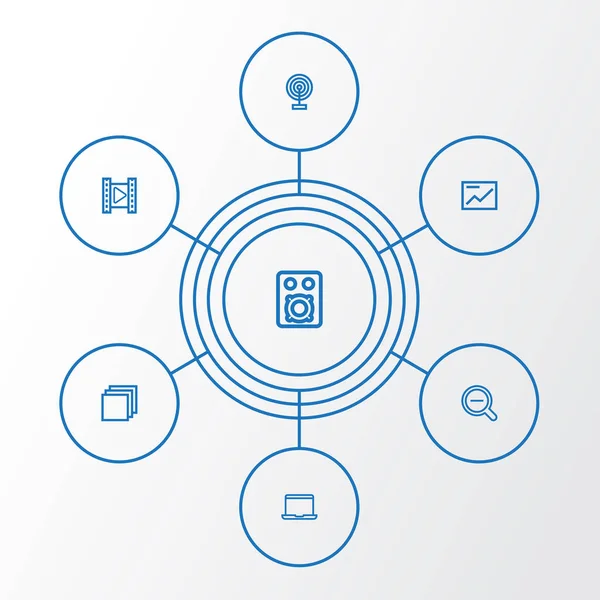 Medya Icons Set anahat. Grafik, hoparlör, dizüstü bilgisayar ve diğer öğeleri koleksiyonu. Ayrıca yayın, dışarı, amplifikatör gibi simgeler içerir.