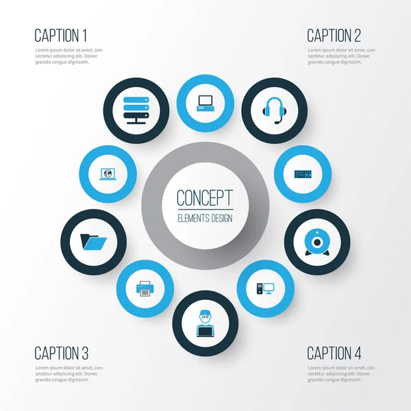 Donanım renkli simgeler kümesi. Baskı, kulaklık, kamera ve diğer öğeleri koleksiyonu. Ayrıca veritabanı, cihaz, kamera gibi simgeler içerir.