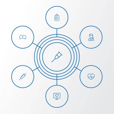 Antibiyotik anahat simgelerini belirlemek. Stand, monitör, kayıt öğeleri koleksiyonu. Ayrıca adam, koltuk değneği, şapka gibi simgeler içerir.