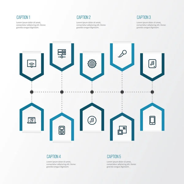 Media Outline Icons Set. Collection Of Player, Maximize, Infographic And Other Elements. Also Includes Symbols Such As Cogwheel, Enlarge, Server. — Stock Vector