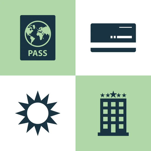 Zestaw ikon eksploracji. Kolekcja Mastercard, certyfikat, słoneczny i innych elementów. Również zawiera symbole, takie jak wizy, Motel, Bank. — Wektor stockowy