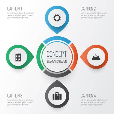 Keşif Icons Set. Güneşli topluluğu, Mount, Bina ve diğer öğeler. Ayrıca Motel, güneşli, sıcak gibi simgeler içerir.