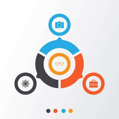 Güneş Icons Set. Video, gözlük, Bagaj ve diğer öğeleri koleksiyonu. Ayrıca valiz, Bagaj, güneş gözlüğü gibi simgeler içerir.