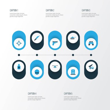 Ordu renkli simgeler kümesi. Topçu, Tank, bıçak ve diğer öğeleri koleksiyonu. Ayrıca zırhlı araba, mezar gibi sembolleri içerir.