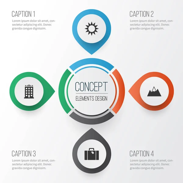 Keşif Icons Set. Güneşli topluluğu, Mount, Bina ve diğer öğeler. Ayrıca Motel, güneşli, sıcak gibi simgeler içerir.