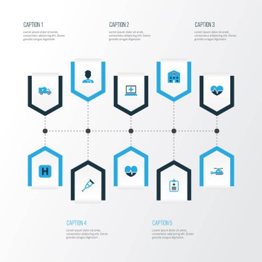 Tıp renkli simgeler kümesi. Doktor, yardım, kalp atışı ve diğer öğeleri koleksiyonu. Hekim, Stand, yardım gibi semboller de içerir.