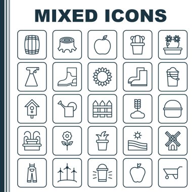 Çiftlik Icons Set. Asmak lamba, lastik çizme, sulama olabilir ve diğer öğeleri koleksiyonu. Ayrıca kova, anıt, su gibi simgeler içerir.