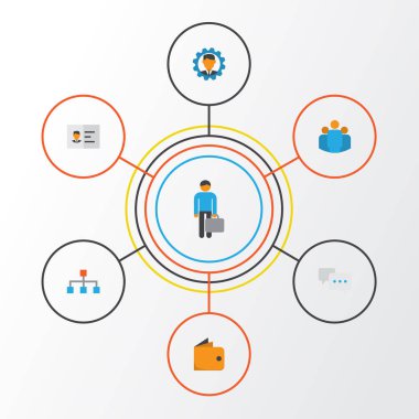 İş düz simgeler kümesi. Sohbet, kimlik, grup ve diğer öğeleri koleksiyonu. Ayrıca grafik, çalışma, geliştirici gibi simgeler içerir.