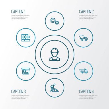 İnşaat anahat simgeleri ayarlayın. Renk Can, damperli kamyon, dişli ve diğer öğeleri koleksiyonu. Ayrıca dişli, inşaat, Can gibi simgeler içerir.