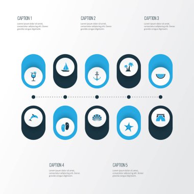 Yaz renkli simgeler ayarlayın. Flip Flop, Yunus, deniz hayvanı kabuğu ve diğer öğeleri koleksiyonu. Ayrıca şort, ağaçları, meyve suyu gibi simgeler içerir.