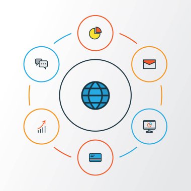 İş renkli anahat simgelerini belirlemek. Dünya, banka nakit, pasta grafik ve diğer öğeleri koleksiyonu. Ayrıca mesaj, grafik, sohbet gibi simgeler içerir.