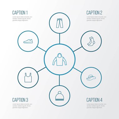 Giysi anahat simgeler kümesi. Lastikbotlar, Panama, topluluğu külotlu ve diğer öğeler. Ayrıca ponpon, Sweatshirt, kadın gibi simgeler içerir.