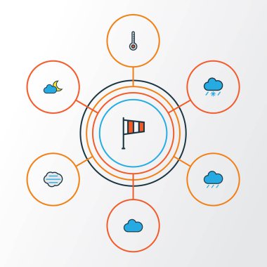 İklim renkli anahat simgelerini belirlemek. Twilight, fırtına, kasırga ve diğer öğeleri koleksiyonu. Ayrıca kar, bulut, Vane gibi simgeler içerir.