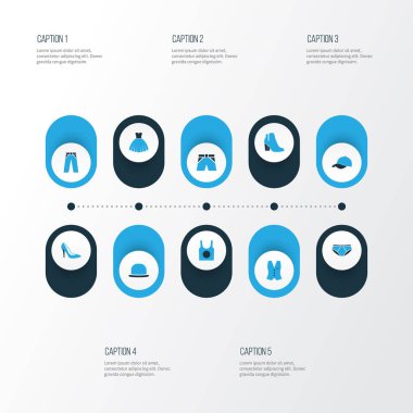 Giysi renkli simgeler kümesi. Yelek, Panama, külot ve diğer öğeleri koleksiyonu. Ayrıca yelek, çizmeler, Cap gibi simgeler içerir.