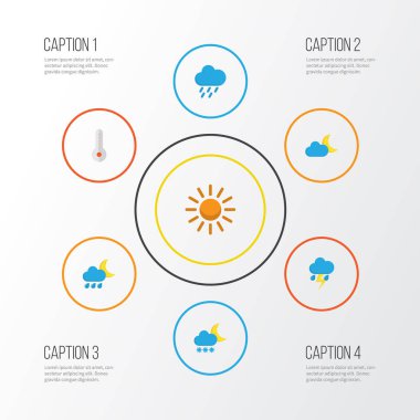 Hava düz simgeler kümesi. Isı, soğuk, yıldırım ve diğer öğeler topluluğu. Ayrıca bulut, sıcak, hilal gibi simgeler içerir.