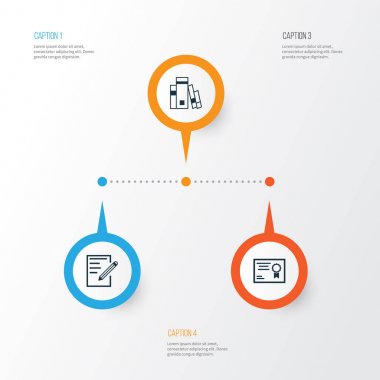 Okul Icons Set. Kağıt, sertifika, Kütüphane ve diğer öğeleri koleksiyonu. Ayrıca Kütüphane, sertifika, Diploma gibi simgeler içerir.