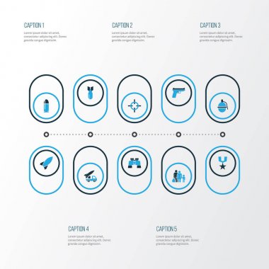 Renkli simgeler kümesi mücadele. Mermi, bomba, bomba ve diğer öğeleri koleksiyonu. Ayrıca ateşli silah, dürbün, roket gibi simgeler içerir.