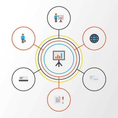 İş düz simgeler kümesi. Sohbet, sunu kurulu, adam ve diğer öğeleri koleksiyonu. Ayrıca konuşma, yönetim kurulu, banka gibi simgeler içerir.