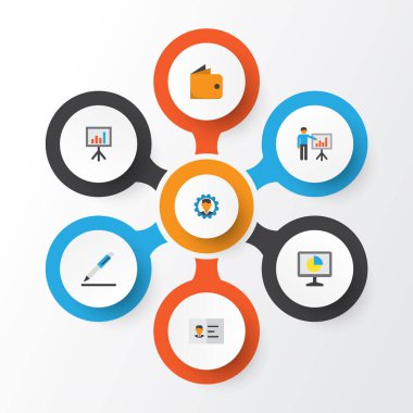 İş düz simgeler kümesi. Cüzdan, kimlik, geliştirici ve diğer öğeleri koleksiyonu. Ayrıca grafik, Yöneticisi, kalem gibi simgeler içerir.