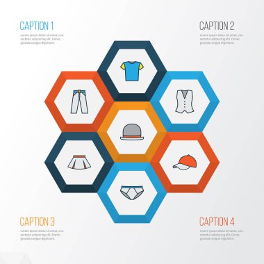 Elbise renkli anahat simgeler kümesi. Etek, yelek, T-Shirt ve diğer öğeleri koleksiyonu. Ayrıca iç çamaşırı, elbise, etek gibi simgeler içerir.