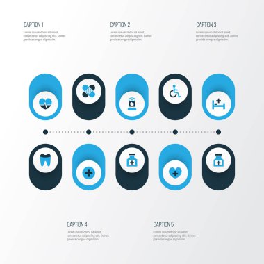 Tıp renkli simgeler kümesi. Yapıştırıcı sıva, artı, diş ve diğer öğeleri koleksiyonu. Ayrıca diş, pençe, hemşire gibi simgeler içerir.