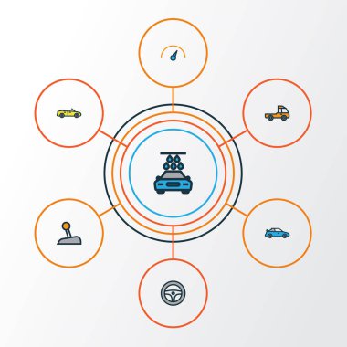 Otomatik Renkli Anahat simgelerini belirlemek. Yıkama, Level, dümen ve diğer öğeleri koleksiyonu. Ayrıca Oto, Araba, hız gibi simgeler içerir.