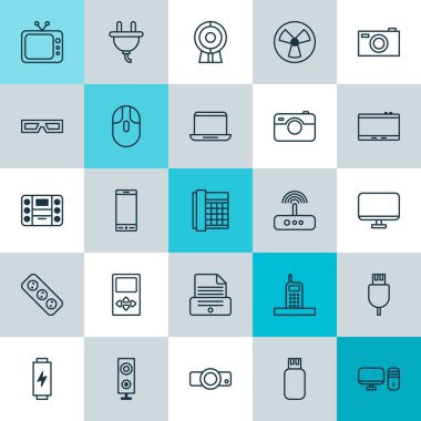 Aracı Icons Set. Yazıcı, televizyon, dijital kamera ve diğer öğeleri koleksiyonu. Televizyon, sürücü, görüntü gibi semboller de içerir.