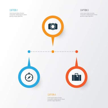 Yolculuk Icons Set. Kamera, Kılavuzu, çanta ve diğer öğeleri koleksiyonu. Ayrıca Galeri, bavul, fotoğraf gibi simgeler içerir.