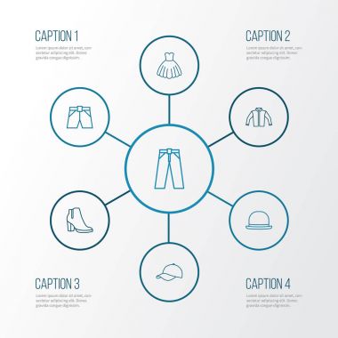 Giysi anahat simgeler kümesi. Pantolon, topuklu, özetleri ve diğer öğeleri koleksiyonu. Ayrıca, elbise, iç çamaşırı, tunik gibi simgeler içerir.