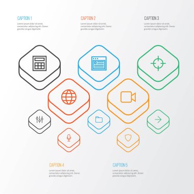 Anahat Icons Set Arabirimi. Ses, sabitleyici, tarayıcı ve diğer öğeleri koleksiyonu. Ayrıca keskin nişancı, mikrofon, dosyası gibi simgeler içerir.