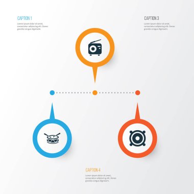 Ses simgeler kümesi. Varil, Tuner, megafon ve diğer öğeleri koleksiyonu. Ayrıca varil, Fm, enstrüman gibi simgeler içerir.