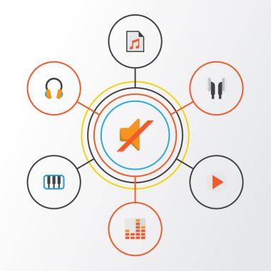 Müzik düz simgeler kümesi. Kontrol, medya, piyano ve diğer öğeleri koleksiyonu. Ayrıca kulaklık, sessiz, kulaklık gibi simgeler içerir.