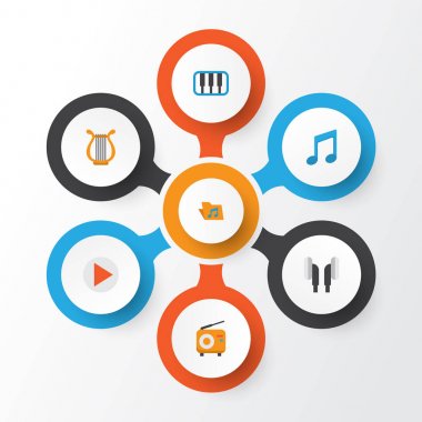 Ses düz simgeler kümesi. Portföy, piyano, zil sesi ve diğer öğeleri koleksiyonu. Ayrıca müzik, Portföy, arşiv gibi simgeler içerir.