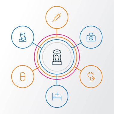 Uyuşturucu anahat simgelerini belirlemek. Vitamin, topluluğu duydum, doktor ve diğer öğeler. Ayrıca stetoskop, enjeksiyon, yatak gibi simgeler içerir.