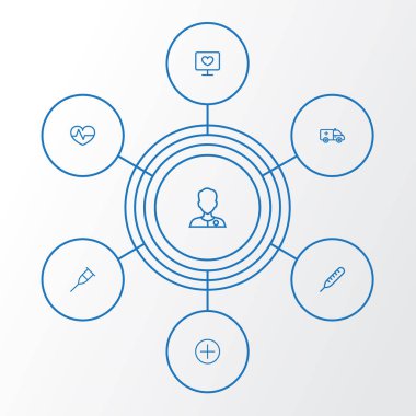 Antibiyotik anahat simgelerini belirlemek. Darbe, ambulans, monitör ve diğer öğeleri koleksiyonu. Ayrıca adam, koltuk değneği, kalp gibi simgeler içerir.