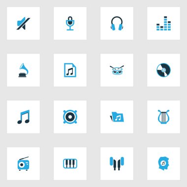 Ses renkli simgeler kümesi. Sessiz, Not, mikrofon ve diğer öğeleri koleksiyonu. Ayrıca kulaklık, ses, müzik gibi simgeler içerir.