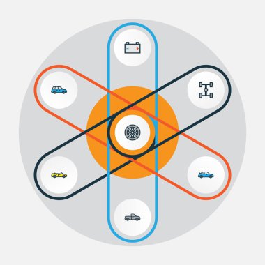 Araba renkli anahat simgelerini belirlemek. Sürücü, otomatik, Cabriolet ve diğer öğeleri koleksiyonu. Ayrıca Suv, otomobil, akümülatör gibi simgeler içerir.