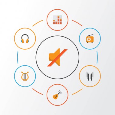 Müzik düz simgeler kümesi. Yayın, sessiz, kulak Muffs ve diğer öğeleri koleksiyonu. Ayrıca kulaklık, kontrol, Harp gibi simgeler içerir.