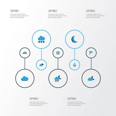 Hava renkli simgeler kümesi. Nem, Rüzgar hızı, gece ve diğer öğeleri koleksiyonu. Ayrıca bulut, kış, yay gibi simgeler içerir.