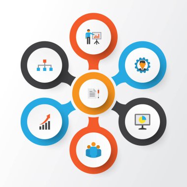 İş düz simgeler kümesi. Grup, sözleşme, artan toplama ve diğer öğeler. Ayrıca geliştirici, birlik, grup gibi simgeler içerir.