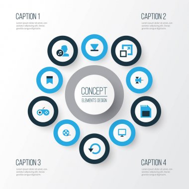 Multimedya renkli simgeler kümesi. Bayrak, bellek, alt ve diğer öğeleri koleksiyonu. Ayrıca sembolleri içerir, Gamepad, en üst düzeye çıkarmak gibi kartı.